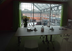 A glimpse from one of the offices to the production greenhouse.